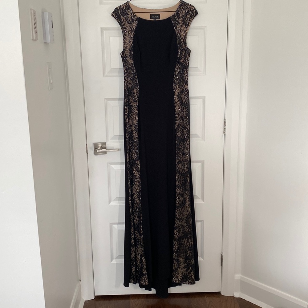 XSCAPE - formal evening gown tan and black maxi dress - size 10